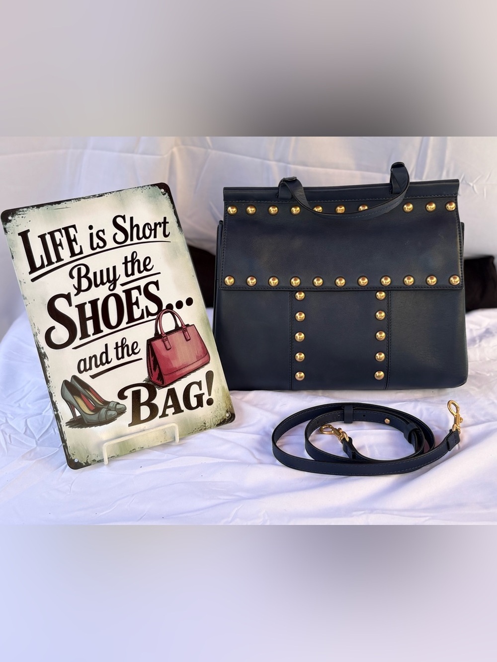 Tory Burch T-Stud Navy Leather Tote Bag with Removable Strap